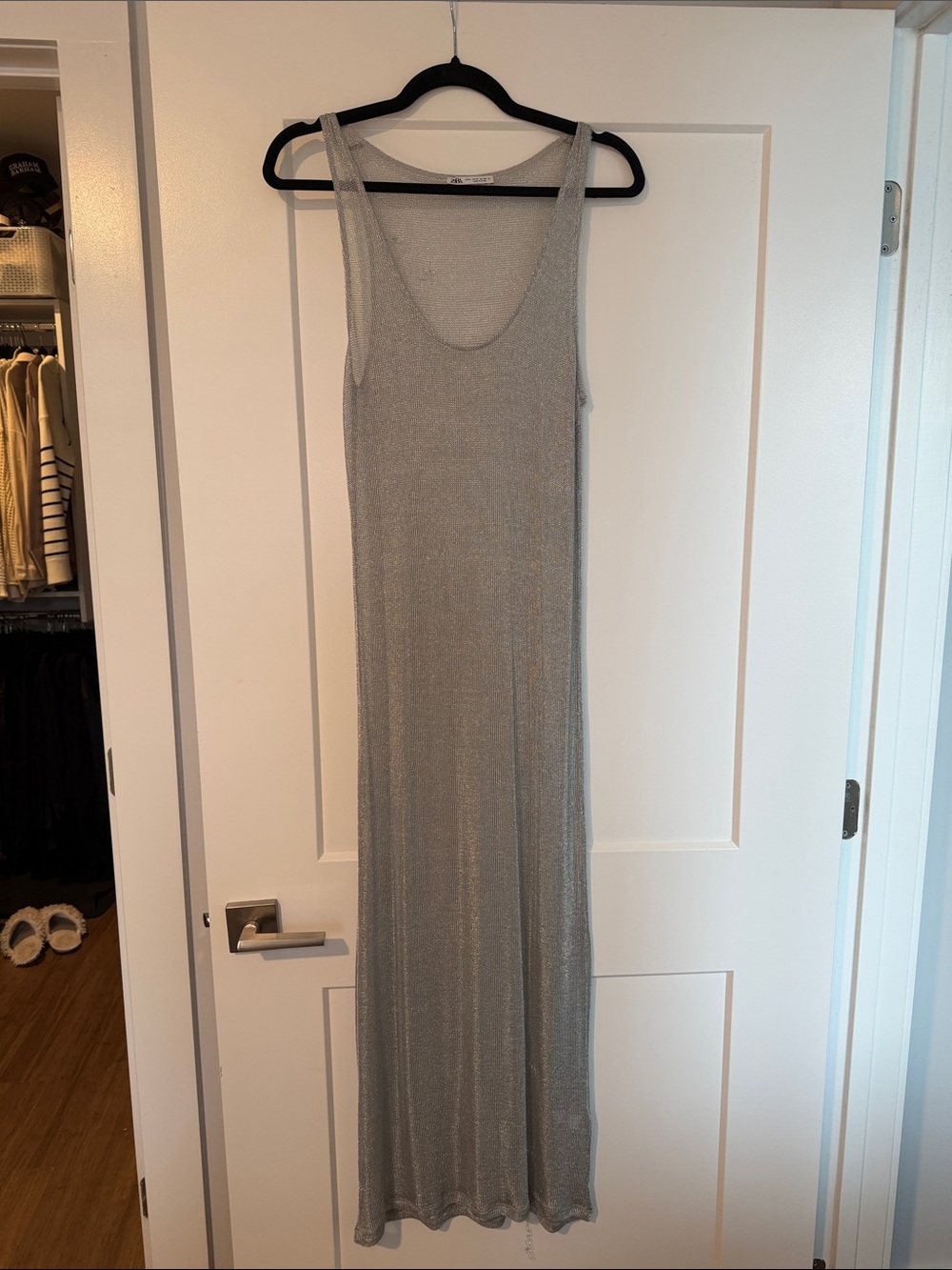 Zara Silver Metallic Tank Mesh Maxi Dress